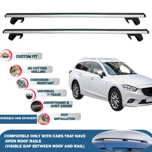 Roof Rack Cross Bars Compatible with Mazda 6 Gj1/Gl Estate 2014-2021, Fits Raised Roof Rails with Gap to Car Roof, Ideal Rail Carrier for Roof Tents, 2-Piece Silver