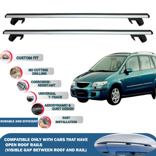 Roof Rack Cross Bars Compatible with Mazda Premacy 1999-2004, Fits Raised Roof Rails with Gap to Car Roof, Ideal Rail Carrier for Roof Tents, 2-Piece Silver