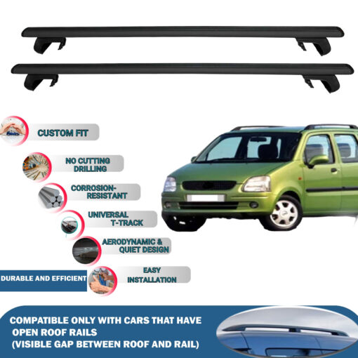 Roof Rack Cross Bars Compatible with Opel Agila 2000-2008, Fits Raised Roof Rails with Gap to Car Roof, Ideal Rail Carrier for Roof Tents, 2-Piece Black