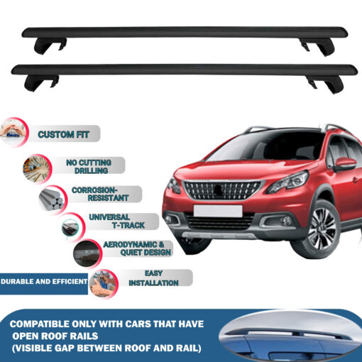 Roof Rack Cross Bars Compatible with Peugeot 2008 A94 Mk 2013-2019, Fits Raised Roof Rails with Gap to Car Roof, Ideal Rail Carrier for Roof Tents, 2-Piece Black