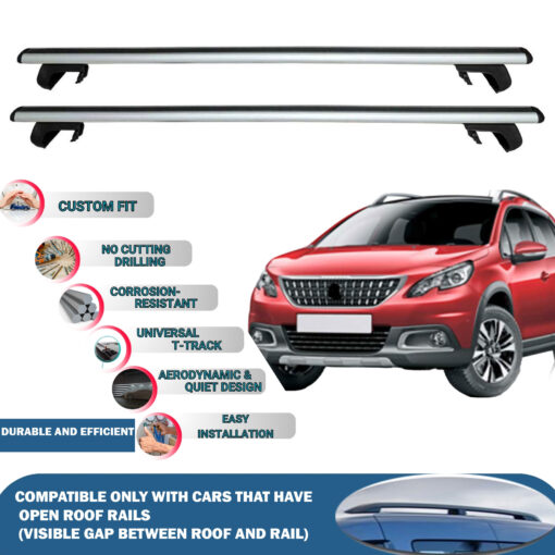 Roof Rack Cross Bars Compatible with Peugeot 2008 A94 Mk 2013-2019, Fits Raised Roof Rails with Gap to Car Roof, Ideal Rail Carrier for Roof Tents, 2-Piece Silver