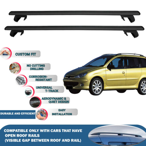 Roof Rack Cross Bars Compatible with Peugeot 206 SW 2002-2007, Fits Raised Roof Rails with Gap to Car Roof, Ideal Rail Carrier for Roof Tents, 2-Piece Black