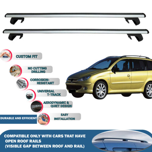 Roof Rack Cross Bars Compatible with Peugeot 206 SW 2002-2007, Fits Raised Roof Rails with Gap to Car Roof, Ideal Rail Carrier for Roof Tents, 2-Piece Silver