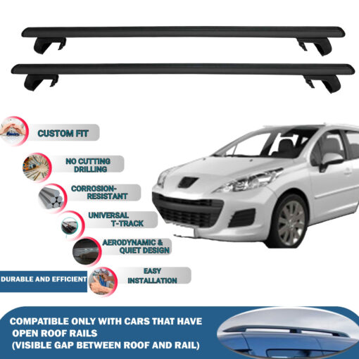 Roof Rack Cross Bars Compatible with Peugeot 207 SW 2007-2013, Fits Raised Roof Rails with Gap to Car Roof, Ideal Rail Carrier for Roof Tents, 2-Piece Black