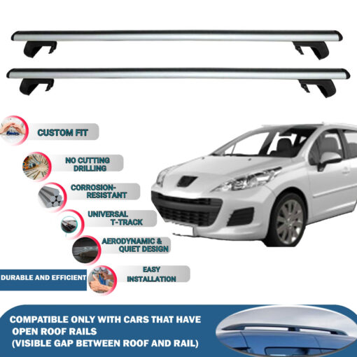 Roof Rack Cross Bars Compatible with Peugeot 207 SW 2007-2013, Fits Raised Roof Rails with Gap to Car Roof, Ideal Rail Carrier for Roof Tents, 2-Piece Silver