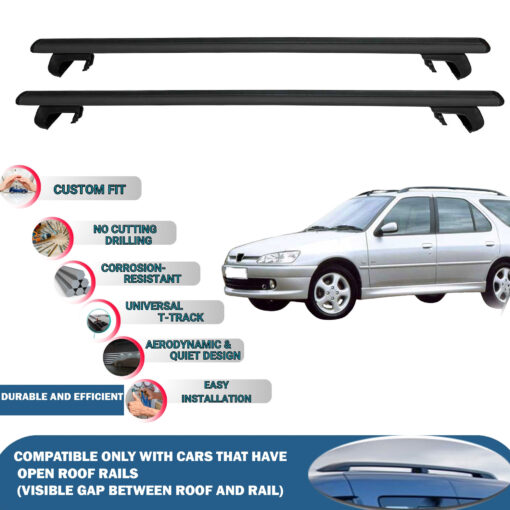 Roof Rack Cross Bars Compatible with Peugeot 306 SW 1993-2001, Fits Raised Roof Rails with Gap to Car Roof, Ideal Rail Carrier for Roof Tents, 2-Piece Black