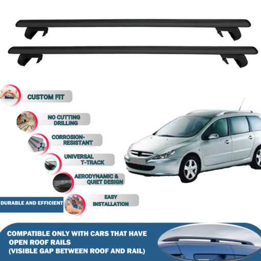 Roof Rack Cross Bars Compatible with Peugeot 307 SW 2001-2008, Fits Raised Roof Rails with Gap to Car Roof, Ideal Rail Carrier for Roof Tents, 2-Piece Black