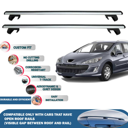 Roof Rack Cross Bars Compatible with Peugeot 308 SW 2008-2014, Fits Raised Roof Rails with Gap to Car Roof, Ideal Rail Carrier for Roof Tents, 2-Piece Silver