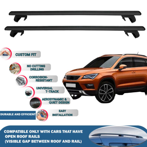 Roof Rack Cross Bars Compatible with Seat Ateca 2016-2023, Fits Raised Roof Rails with Gap to Car Roof, Ideal Rail Carrier for Roof Tents, 2-Piece Black