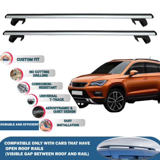 Roof Rack Cross Bars Compatible with Seat Ateca 2016-2023, Fits Raised Roof Rails with Gap to Car Roof, Ideal Rail Carrier for Roof Tents, 2-Piece Silver