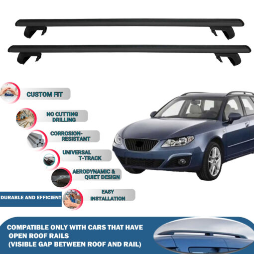 Roof Rack Cross Bars Compatible with Seat Exeo St 2009-2012, Fits Raised Roof Rails with Gap to Car Roof, Ideal Rail Carrier for Roof Tents, 2-Piece Black