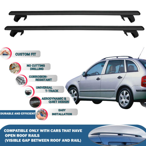 Roof Rack Cross Bars Compatible with Skoda Fabia Wagon 2001-2008, Fits Raised Roof Rails with Gap to Car Roof, Ideal Rail Carrier for Roof Tents, 2-Piece Black