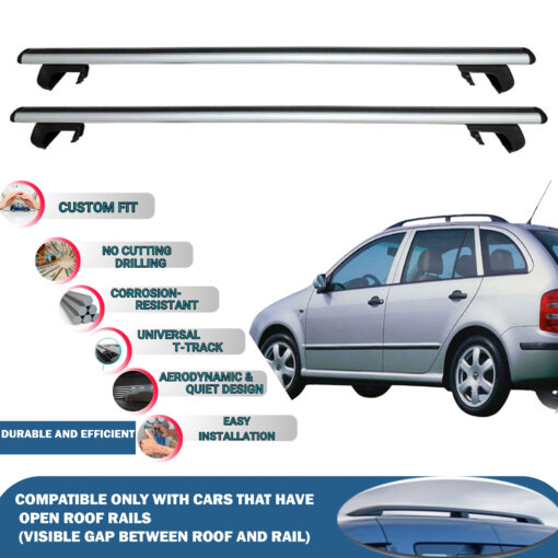 Roof Rack Cross Bars Compatible with Skoda Fabia Wagon 2001-2008, Fits Raised Roof Rails with Gap to Car Roof, Ideal Rail Carrier for Roof Tents, 2-Piece Silver