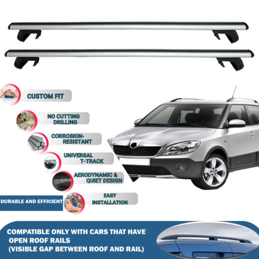 Roof Rack Cross Bars Compatible with Skoda Fabia Scout HB 2009-2014, Fits Raised Roof Rails with Gap to Car Roof, Ideal Rail Carrier for Roof Tents, 2-Piece Silver