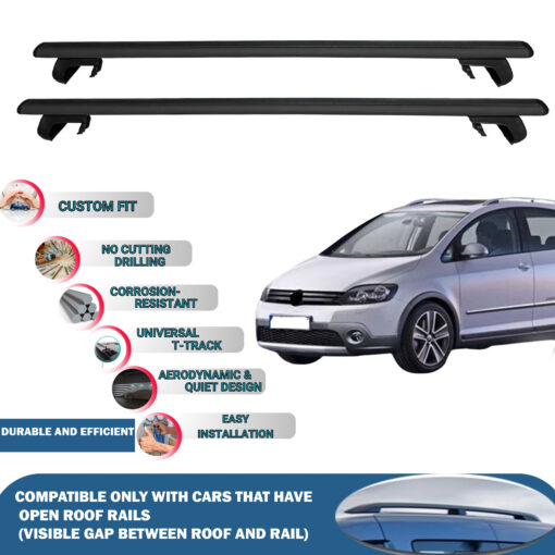 Roof Rack Cross Bars Compatible with Volkswagen Cross Golf 2006-2014, Fits Raised Roof Rails with Gap to Car Roof, Ideal Rail Carrier for Roof Tents, 2-Piece Black