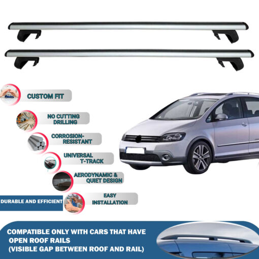 Roof Rack Cross Bars Compatible with Volkswagen Cross Golf 2006-2014, Fits Raised Roof Rails with Gap to Car Roof, Ideal Rail Carrier for Roof Tents, 2-Piece Silver