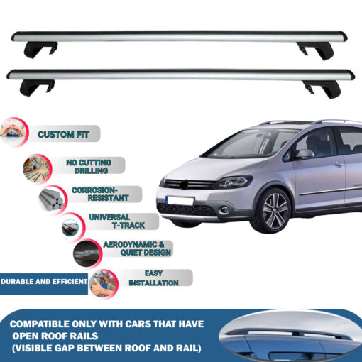 Roof Rack Cross Bars Compatible with Volkswagen Golf Plus 2009-2014, Fits Raised Roof Rails with Gap to Car Roof, Ideal Rail Carrier for Roof Tents, 2-Piece Silver