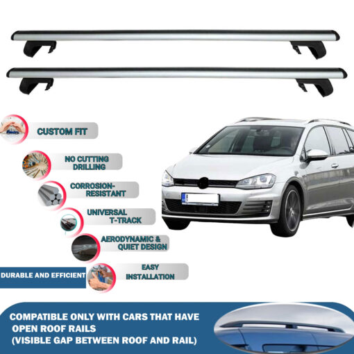 Roof Rack Cross Bars Compatible with Volkswagen Golf VII Variant 2013-2020, Fits Raised Roof Rails with Gap to Car Roof, Ideal Rail Carrier for Roof Tents, 2-Piece Silver