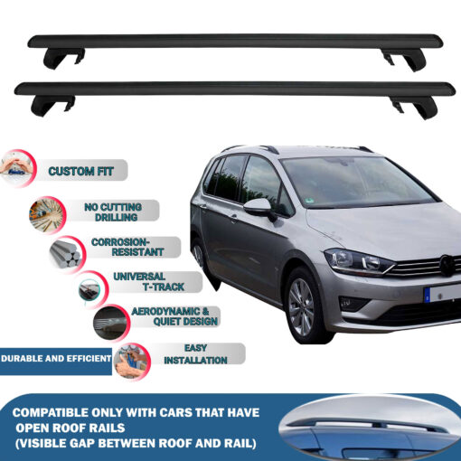 Roof Rack Cross Bars Compatible with Volkswagen Golf VII Sportsvan 2014-2020, Fits Raised Roof Rails with Gap to Car Roof, Ideal Rail Carrier for Roof Tents, 2-Piece Black