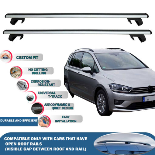 Roof Rack Cross Bars Compatible with Volkswagen Golf VII Sportsvan 2014-2020, Fits Raised Roof Rails with Gap to Car Roof, Ideal Rail Carrier for Roof Tents, 2-Piece Silver