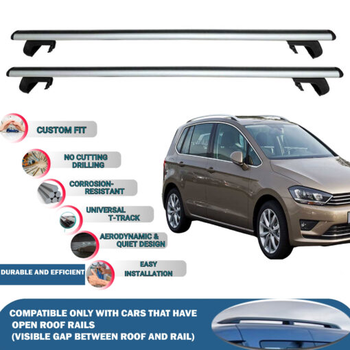 Roof Rack Cross Bars Compatible with Volkswagen Golf 7 Sportsvan 2014-2021, Fits Raised Roof Rails with Gap to Car Roof, Ideal Rail Carrier for Roof Tents, 2-Piece Silver