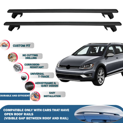 Roof Rack Cross Bars Compatible with Volkswagen Golf Alltrack 2015-2023, Fits Raised Roof Rails with Gap to Car Roof, Ideal Rail Carrier for Roof Tents, 2-Piece Black