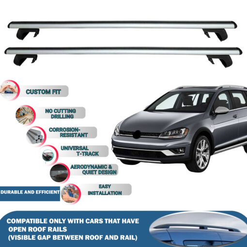 Roof Rack Cross Bars Compatible with Volkswagen Golf Alltrack 2015-2023, Fits Raised Roof Rails with Gap to Car Roof, Ideal Rail Carrier for Roof Tents, 2-Piece Silver