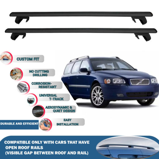 Roof Rack Cross Bars Compatible with Volvo V70 Estate 2000-2008, Fits Raised Roof Rails with Gap to Car Roof, Ideal Rail Carrier for Roof Tents, 2-Piece Black