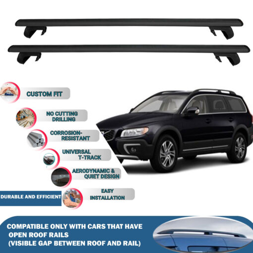 Roof Rack Cross Bars Compatible with Volvo Xc70 Estate 2008-2016, Fits Raised Roof Rails with Gap to Car Roof, Ideal Rail Carrier for Roof Tents, 2-Piece Black