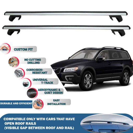 Roof Rack Cross Bars Compatible with Volvo Xc70 Estate 2008-2016, Fits Raised Roof Rails with Gap to Car Roof, Ideal Rail Carrier for Roof Tents, 2-Piece Silver