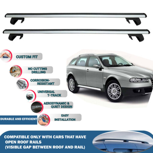 Roof Rack Cross Bars Compatible with Alfa Romeo 156 Sportwagon 2000-2007, Fits Raised Roof Rails with Gap to Car Roof, Ideal Rail Carrier for Roof Tents, 2-Piece Silver