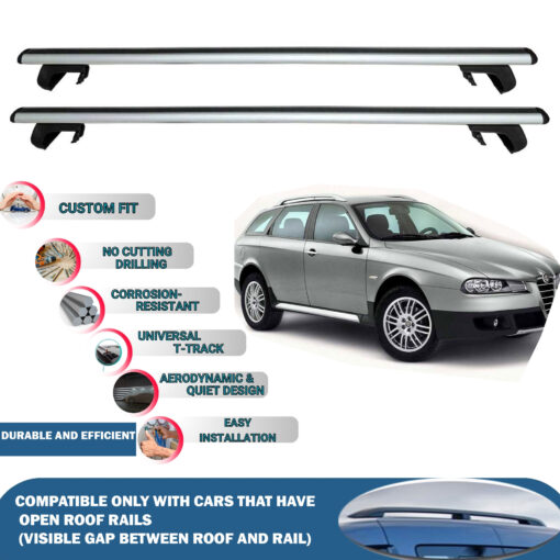 Roof Rack Cross Bars Compatible with Alfa Romeo 156 Crosswagon 2004-2007, Fits Raised Roof Rails with Gap to Car Roof, Ideal Rail Carrier for Roof Tents, 2-Piece Silver