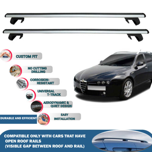 Roof Rack Cross Bars Compatible with Alfa Romeo 159 Sportwagon 2006-2013, Fits Raised Roof Rails with Gap to Car Roof, Ideal Rail Carrier for Roof Tents, 2-Piece Silver