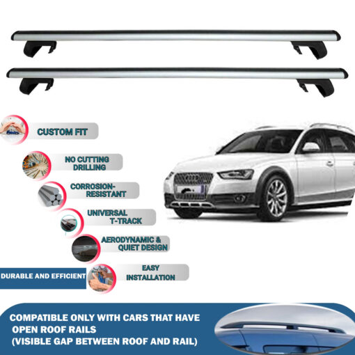 Roof Rack Cross Bars Compatible with Audi A4 Allroad 2009-2016, Fits Raised Roof Rails with Gap to Car Roof, Ideal Rail Carrier for Roof Tents, 2-Piece Silver