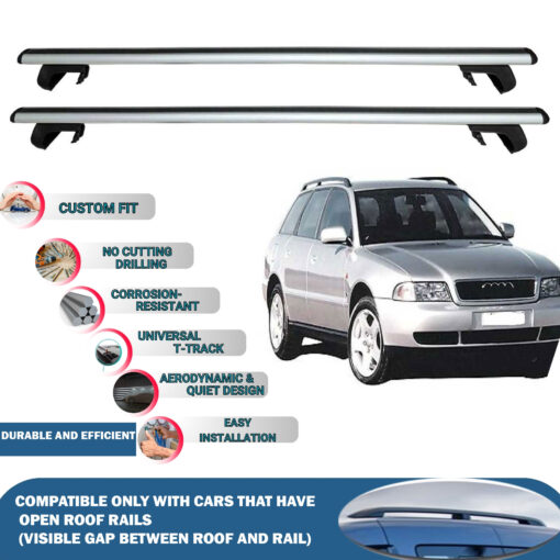 Roof Rack Cross Bars Compatible with Audi A4 Avant 1995-2001, Fits Raised Roof Rails with Gap to Car Roof, Ideal Rail Carrier for Roof Tents, 2-Piece Silver