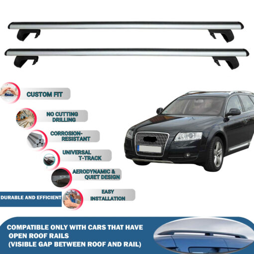 Roof Rack Cross Bars Compatible with Audi A6 Allroad Quattro C6 2006-2011, Fits Raised Roof Rails with Gap to Car Roof, Ideal Rail Carrier for Roof Tents, 2-Piece Silver