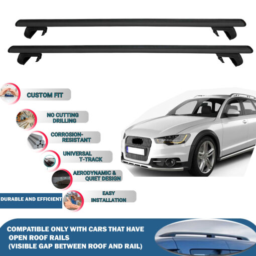 Roof Rack Cross Bars Compatible with Audi A6 Allroad Quattro C7 2012-2018, Fits Raised Roof Rails with Gap to Car Roof, Ideal Rail Carrier for Roof Tents, 2-Piece Black