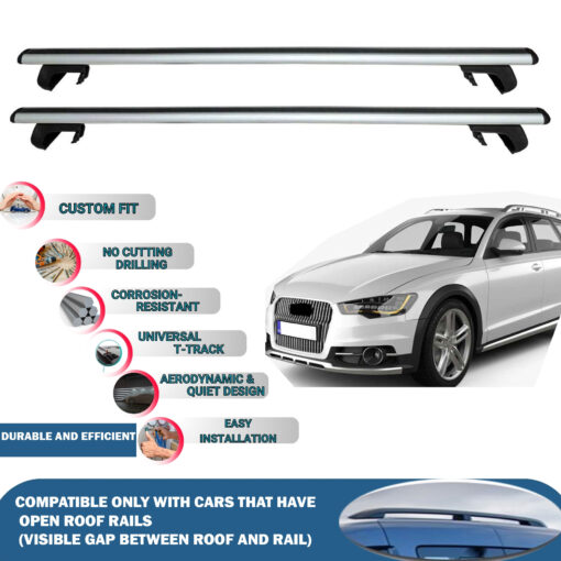 Roof Rack Cross Bars Compatible with Audi A6 Allroad Quattro C7 2012-2018, Fits Raised Roof Rails with Gap to Car Roof, Ideal Rail Carrier for Roof Tents, 2-Piece Silver