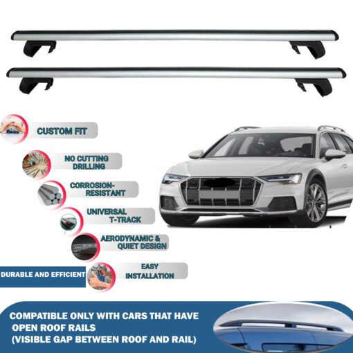 Roof Rack Cross Bars Compatible with Audi A6 Allroad Quattro 2019-2023, Fits Raised Roof Rails with Gap to Car Roof, Ideal Rail Carrier for Roof Tents, 2-Piece Silver