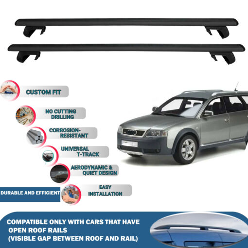 Roof Rack Cross Bars Compatible with Audi A6 Allroad Quattro C5 1999-2005, Fits Raised Roof Rails with Gap to Car Roof, Ideal Rail Carrier for Roof Tents, 2-Piece Black