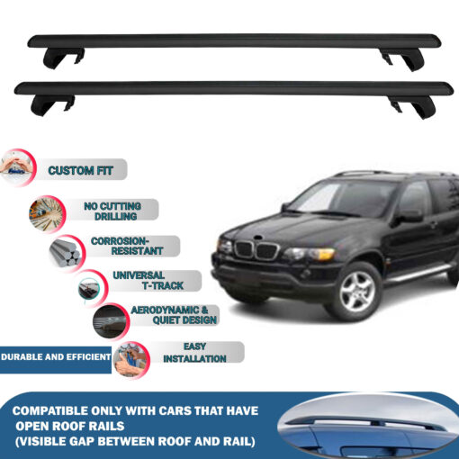 Roof Rack Cross Bars Compatible with Bmw X5 2000-2006, Fits Raised Roof Rails with Gap to Car Roof, Ideal Rail Carrier for Roof Tents, 2-Piece Black