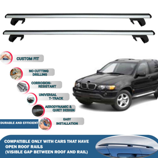 Roof Rack Cross Bars Compatible with Bmw X5 2000-2006, Fits Raised Roof Rails with Gap to Car Roof, Ideal Rail Carrier for Roof Tents, 2-Piece Silver