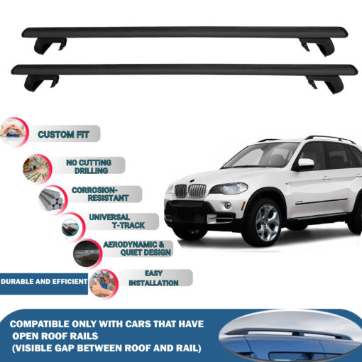 Roof Rack Cross Bars Compatible with Bmw X5 2007-2013, Fits Raised Roof Rails with Gap to Car Roof, Ideal Rail Carrier for Roof Tents, 2-Piece Black