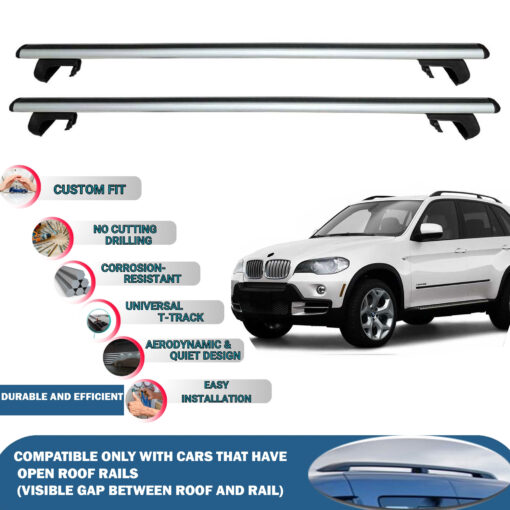 Roof Rack Cross Bars Compatible with Bmw X5 2007-2013, Fits Raised Roof Rails with Gap to Car Roof, Ideal Rail Carrier for Roof Tents, 2-Piece Silver