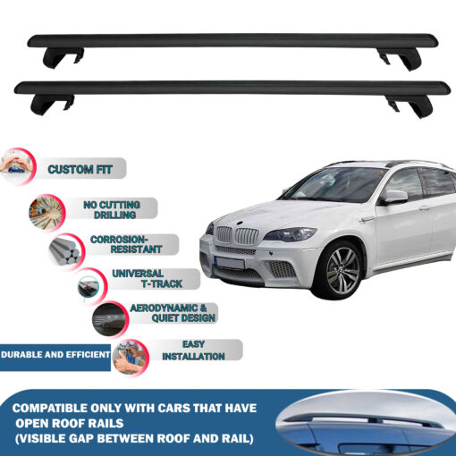 Roof Rack Cross Bars Compatible with Bmw X6 2008-2014, Fits Raised Roof Rails with Gap to Car Roof, Ideal Rail Carrier for Roof Tents, 2-Piece Black