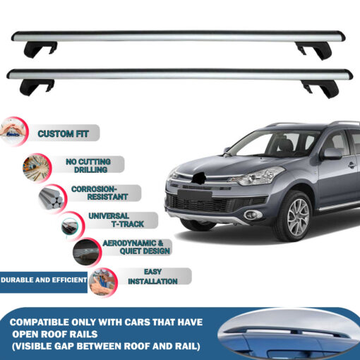 Roof Rack Cross Bars Compatible with Citroen C-Crosser 2007-2013, Fits Raised Roof Rails with Gap to Car Roof, Ideal Rail Carrier for Roof Tents, 2-Piece Silver