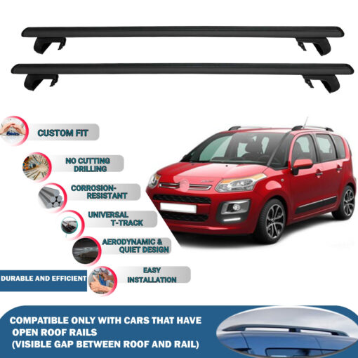 Roof Rack Cross Bars Compatible with Citroen C3 Picasso 2012-2016, Fits Raised Roof Rails with Gap to Car Roof, Ideal Rail Carrier for Roof Tents, 2-Piece Black