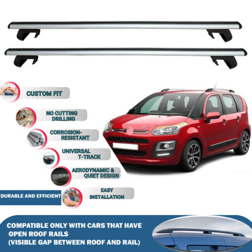 Roof Rack Cross Bars Compatible with Citroen C3 Picasso 2012-2016, Fits Raised Roof Rails with Gap to Car Roof, Ideal Rail Carrier for Roof Tents, 2-Piece Silver