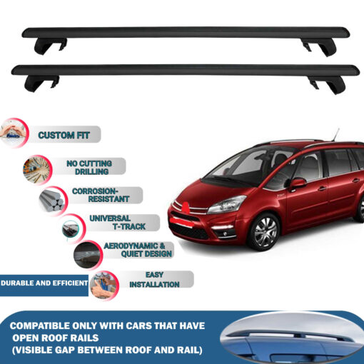 Roof Rack Cross Bars Compatible with Citroen C4 Picasso 2006-2012, Fits Raised Roof Rails with Gap to Car Roof, Ideal Rail Carrier for Roof Tents, 2-Piece Black