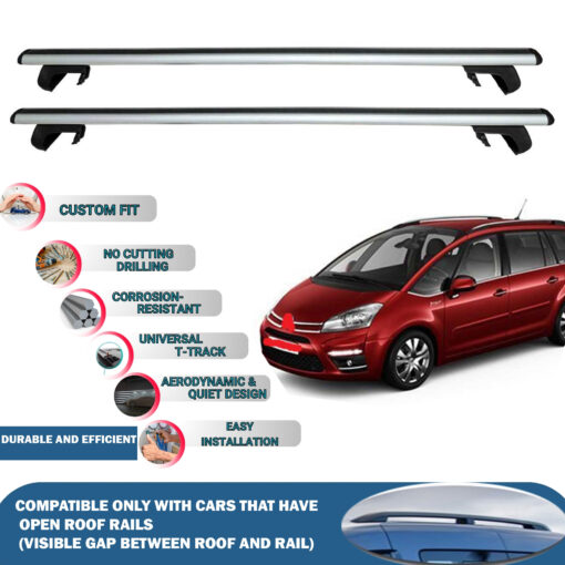 Roof Rack Cross Bars Compatible with Citroen C4 Picasso 2006-2012, Fits Raised Roof Rails with Gap to Car Roof, Ideal Rail Carrier for Roof Tents, 2-Piece Silver